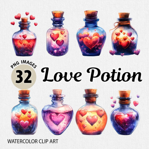 Watercolor Valentine’s Day Love Potion Bottle PNG Clipart Bundle