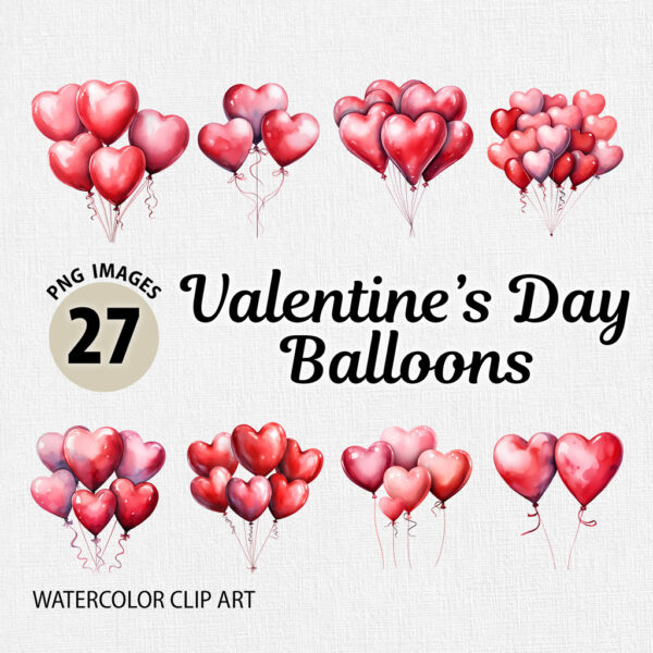 Watercolor Valentine’s Day Balloons PNG Clipart Bundle