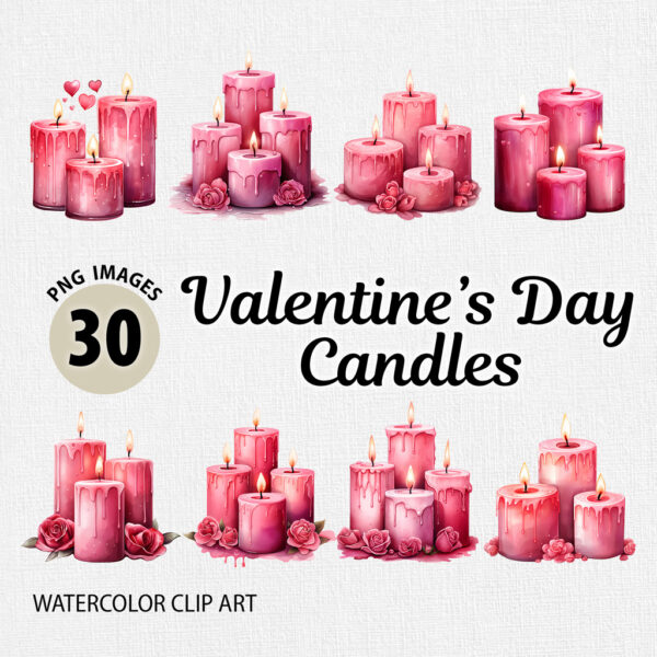 Watercolor Valentine’s Day Candles PNG Clipart Bundle