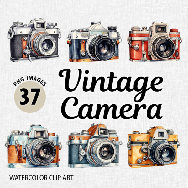 Watercolor Vintage Camera PNG Clipart Bundle
