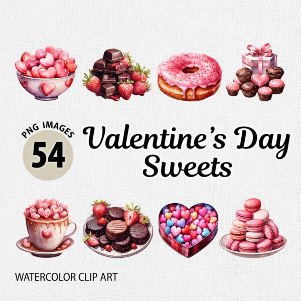 Watercolor Valentine’s Day Sweets PNG Clipart Bundle