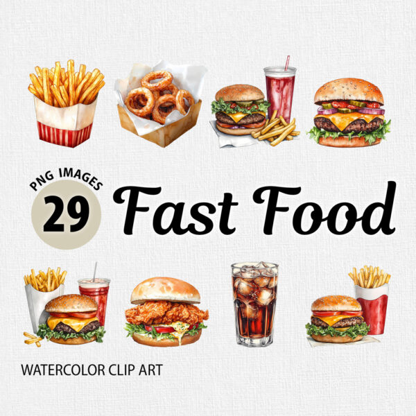 Watercolor Fast Food PNG Clipart Bundle