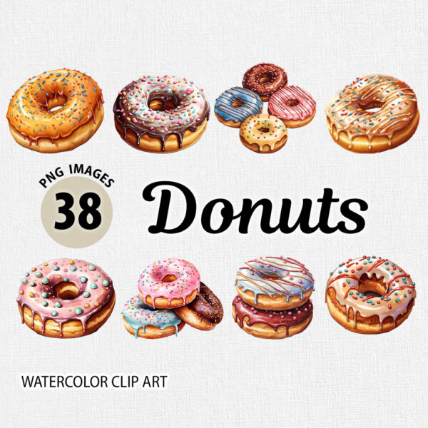 Watercolor Donut Clipart PNG bundle