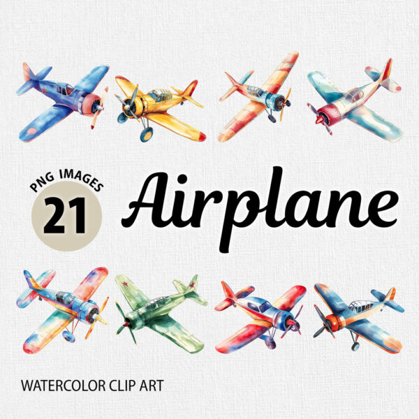 Watercolor Vintage Airplane PNG Clipart Bundle