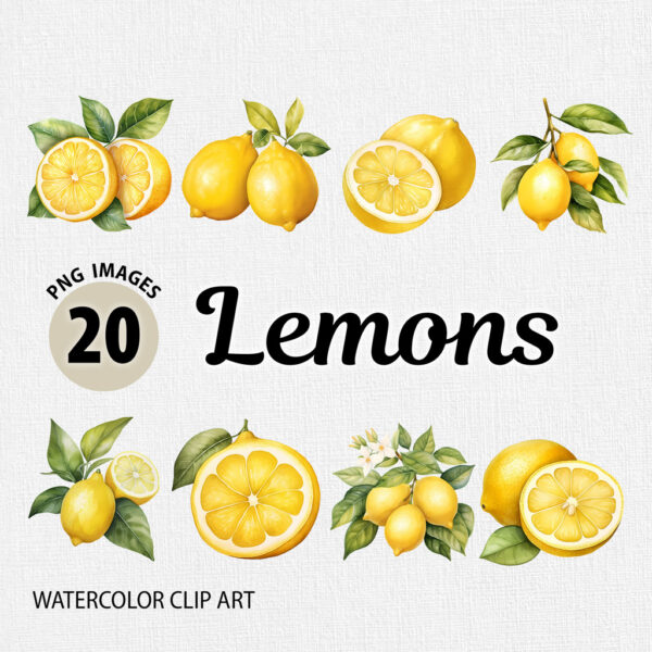 Watercolor Lemon PNG Clipart Bundle
