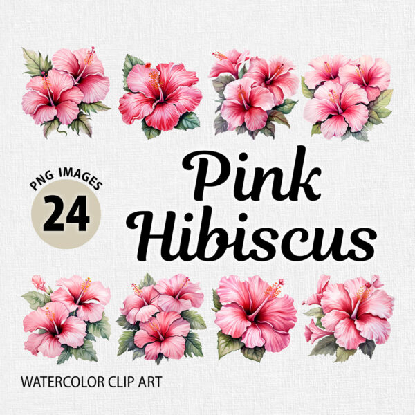 Watercolor Pink Hibiscus PNG Clipart Bundle