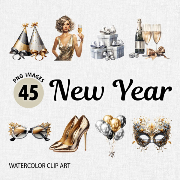 Watercolor New Year's Eve PNG Clipart Bundle #2