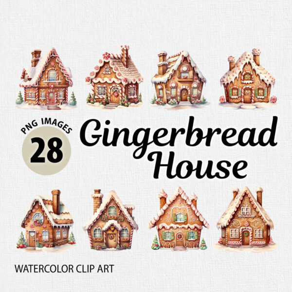 Watercolor Gingerbread House PNG Clipart Bundle
