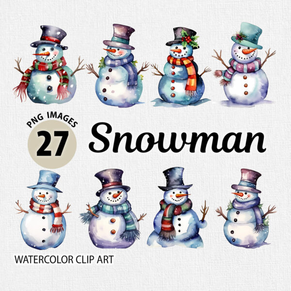 Watercolor Christmas Snowman PNG Clipart Bundle