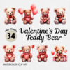 Watercolor Valentine’s Day Teddy Bear PNG Clipart Bundle