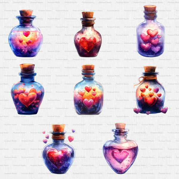 Watercolor Valentine’s Day Love Potion Bottle PNG Clipart Bundle - Image 2