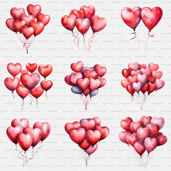 Watercolor Valentine’s Day Balloons PNG Clipart Bundle - Image 2