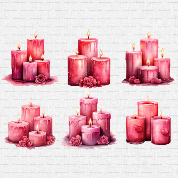 Watercolor Valentine’s Day Candles PNG Clipart Bundle - Image 2