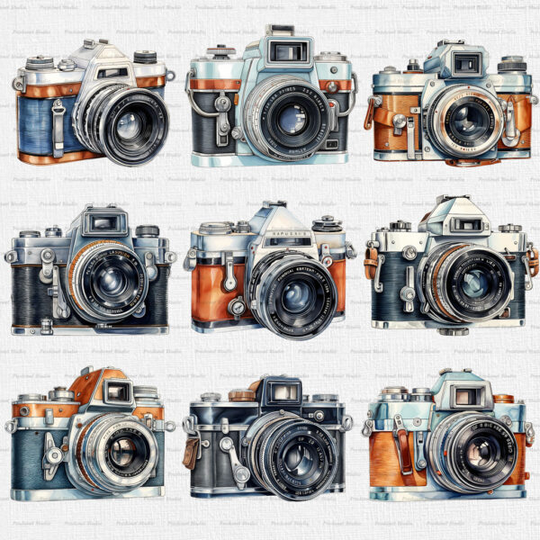 Watercolor Vintage Camera PNG Clipart Bundle - Image 2