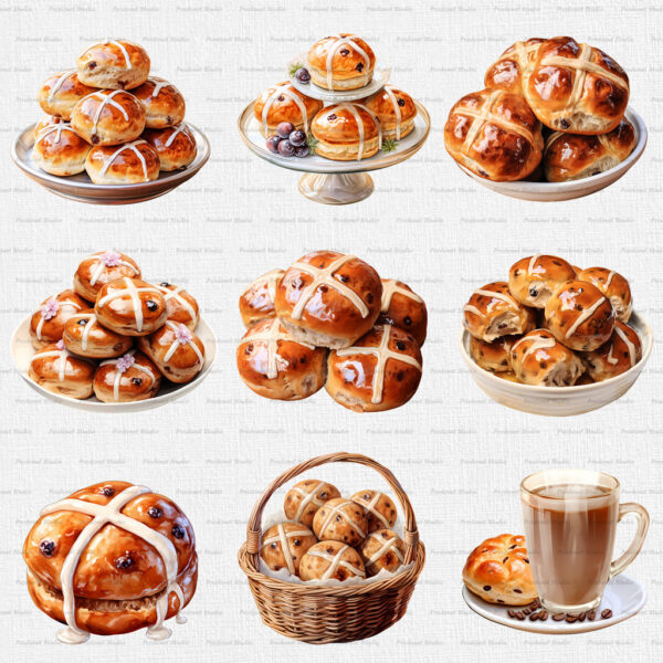 Watercolor Hot Cross Buns PNG Bundle - Image 4