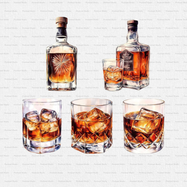 Watercolor Whiskey PNG Clipart Bundle - Image 3
