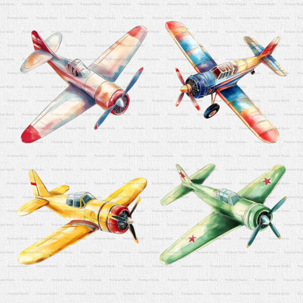 Watercolor Vintage Airplane PNG Clipart Bundle - Image 3