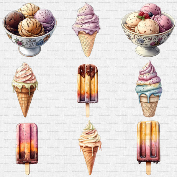 Watercolor Ice Cream PNG Clipart Bundle - Image 3