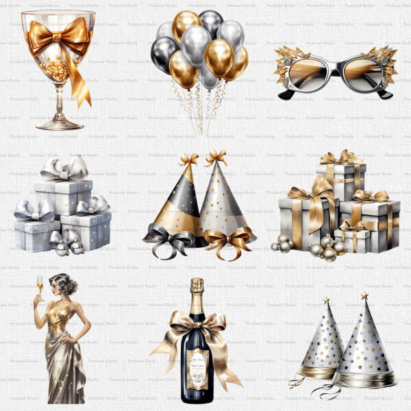 Watercolor New Year's Eve PNG Clipart Bundle #2 - Image 6