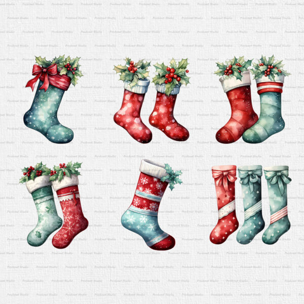 Watercolor Christmas Socks PNG Clipart Bundle - Image 2