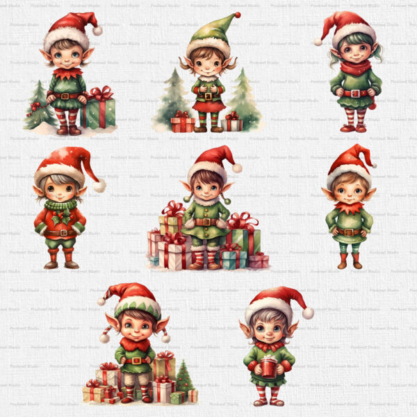 Watercolor Christmas Elf PNG Clipart Bundle - Image 2