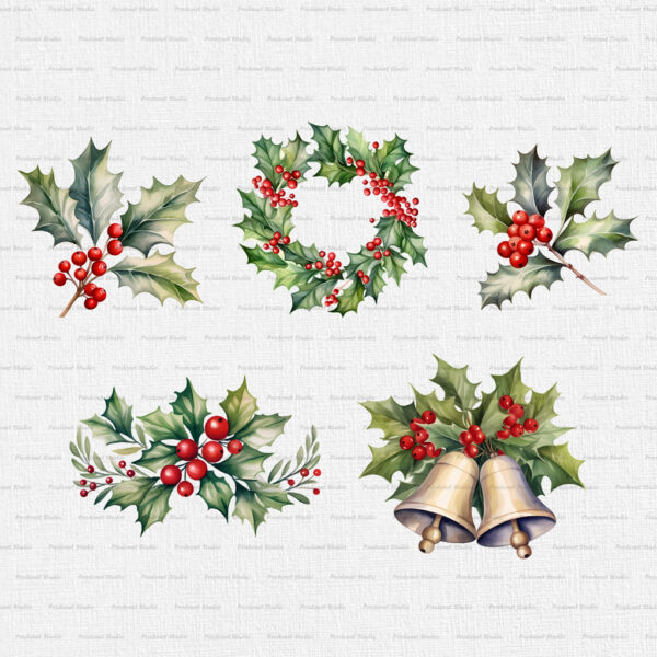 Watercolor Christmas Holly PNG Clipart Bundle - Image 3