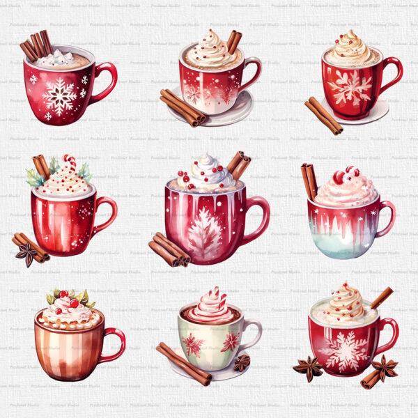 Watercolor Christmas Hot Chocolate PNG clipart Bundle - Image 2