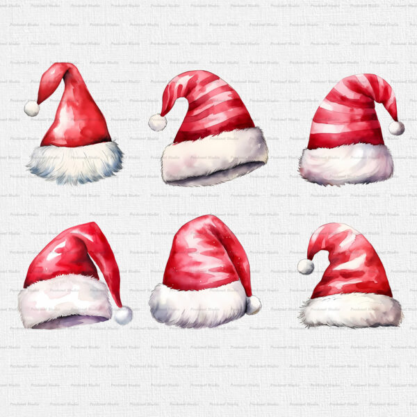 Watercolor Christmas Santa Claus Hat PNG Clipart Bundle - Image 2