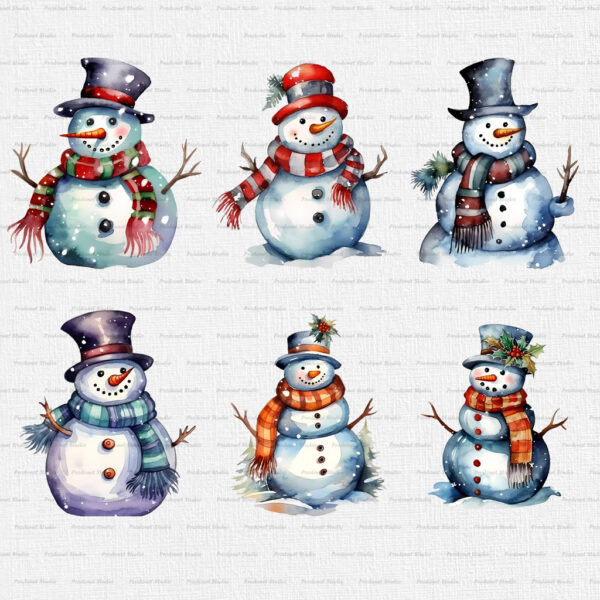 Watercolor Christmas Snowman PNG Clipart Bundle - Image 2