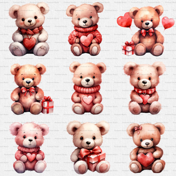 Watercolor Valentine’s Day Teddy Bear PNG Clipart Bundle - Image 3