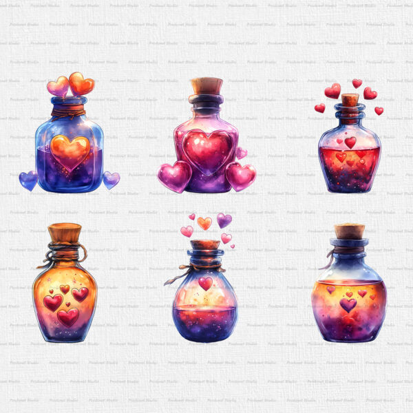 Watercolor Valentine’s Day Love Potion Bottle PNG Clipart Bundle - Image 4