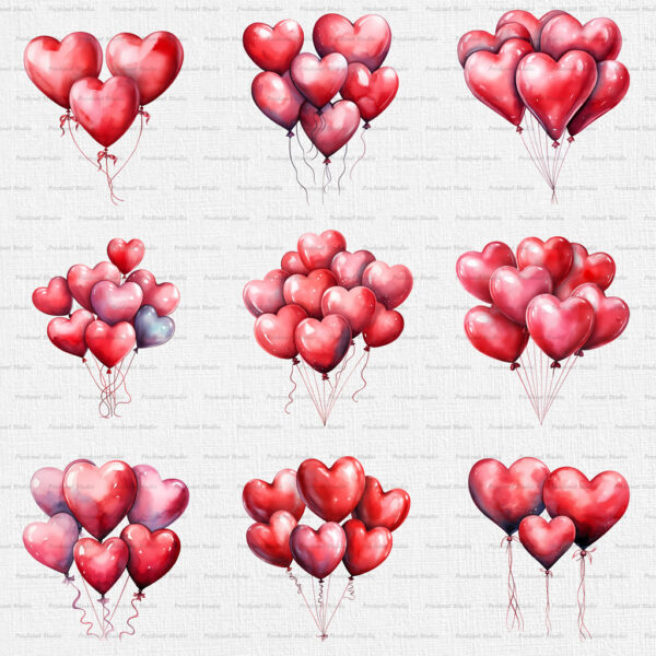 Watercolor Valentine’s Day Balloons PNG Clipart Bundle - Image 3