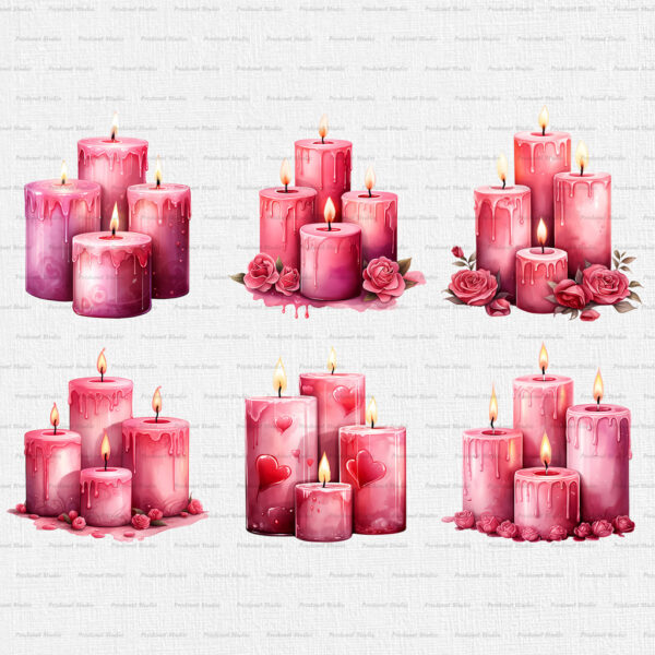 Watercolor Valentine’s Day Candles PNG Clipart Bundle - Image 3
