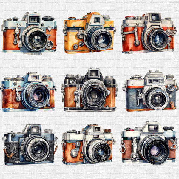 Watercolor Vintage Camera PNG Clipart Bundle - Image 3