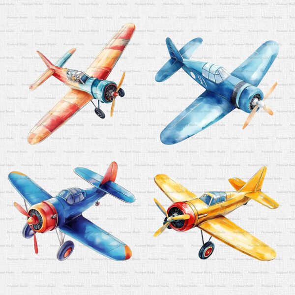 Watercolor Vintage Airplane PNG Clipart Bundle - Image 4