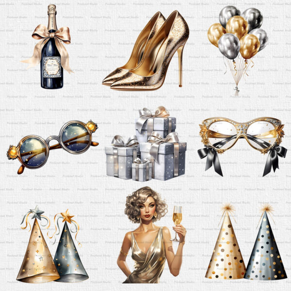 Watercolor New Year's Eve PNG Clipart Bundle #2 - Image 4