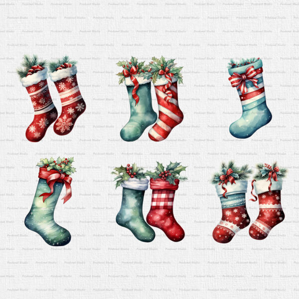 Watercolor Christmas Socks PNG Clipart Bundle - Image 3