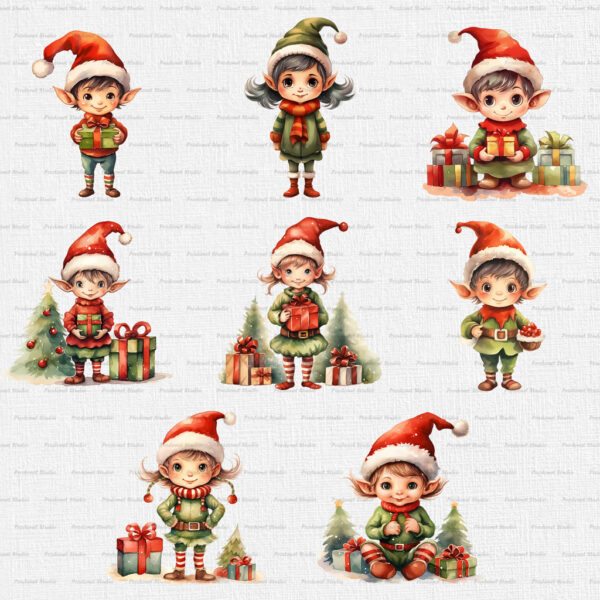 Watercolor Christmas Elf PNG Clipart Bundle - Image 3