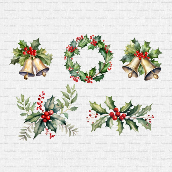 Watercolor Christmas Holly PNG Clipart Bundle - Image 4