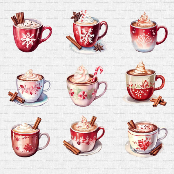 Watercolor Christmas Hot Chocolate PNG clipart Bundle - Image 3
