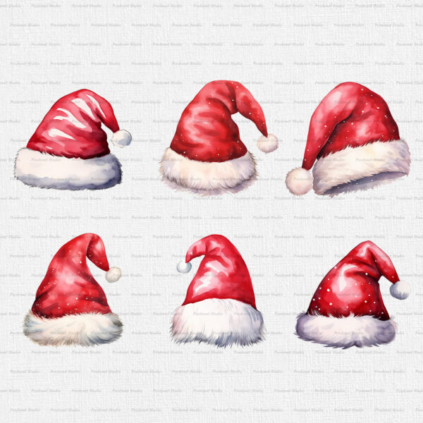 Watercolor Christmas Santa Claus Hat PNG Clipart Bundle - Image 3