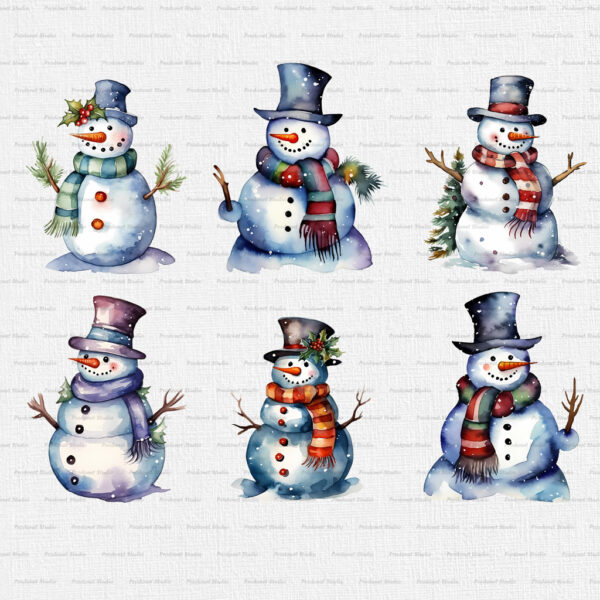 Watercolor Christmas Snowman PNG Clipart Bundle - Image 3