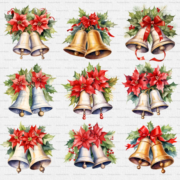 Watercolor Christmas Bells PNG Clipart Bundle - Image 3