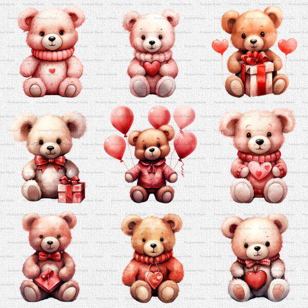 Watercolor Valentine’s Day Teddy Bear PNG Clipart Bundle - Image 4