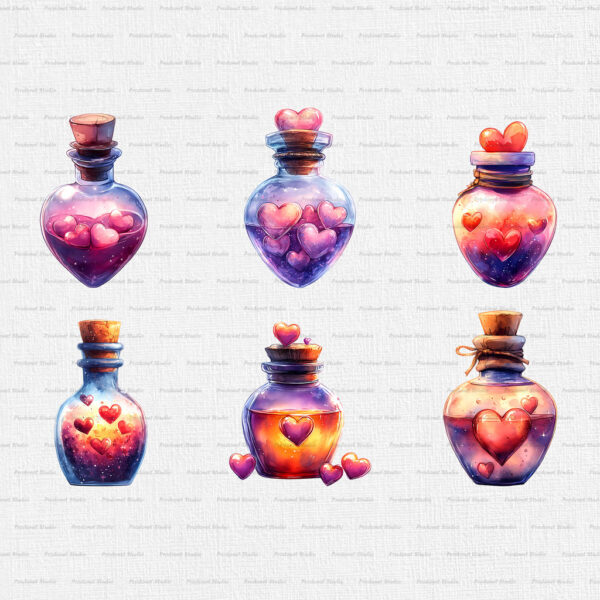 Watercolor Valentine’s Day Love Potion Bottle PNG Clipart Bundle - Image 5