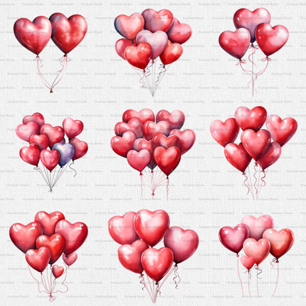 Watercolor Valentine’s Day Balloons PNG Clipart Bundle - Image 4