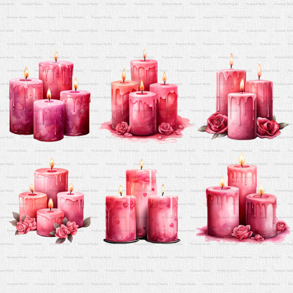 Watercolor Valentine’s Day Candles PNG Clipart Bundle - Image 4
