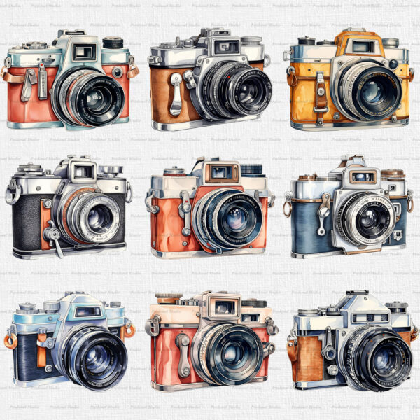 Watercolor Vintage Camera PNG Clipart Bundle - Image 4