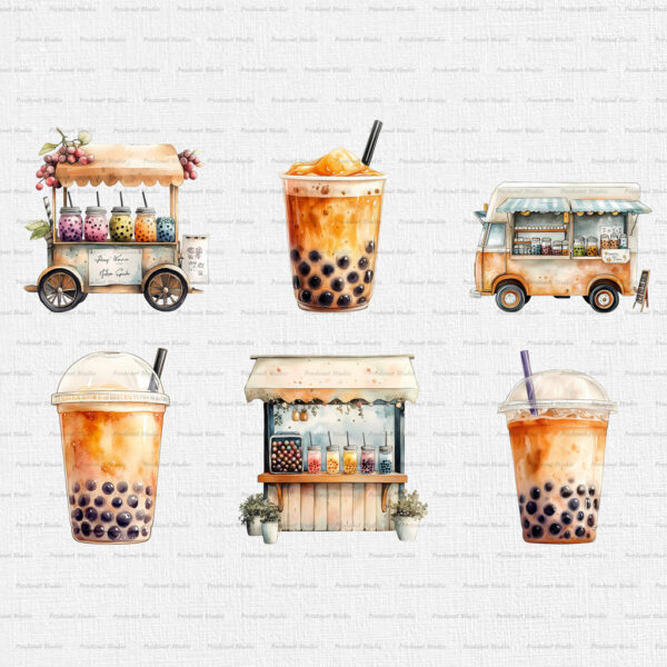 Watercolor Bubble Tea Stand PNG Clipart Bundle - Image 6