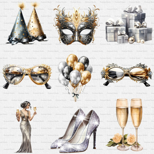 Watercolor New Year's Eve PNG Clipart Bundle #2 - Image 5